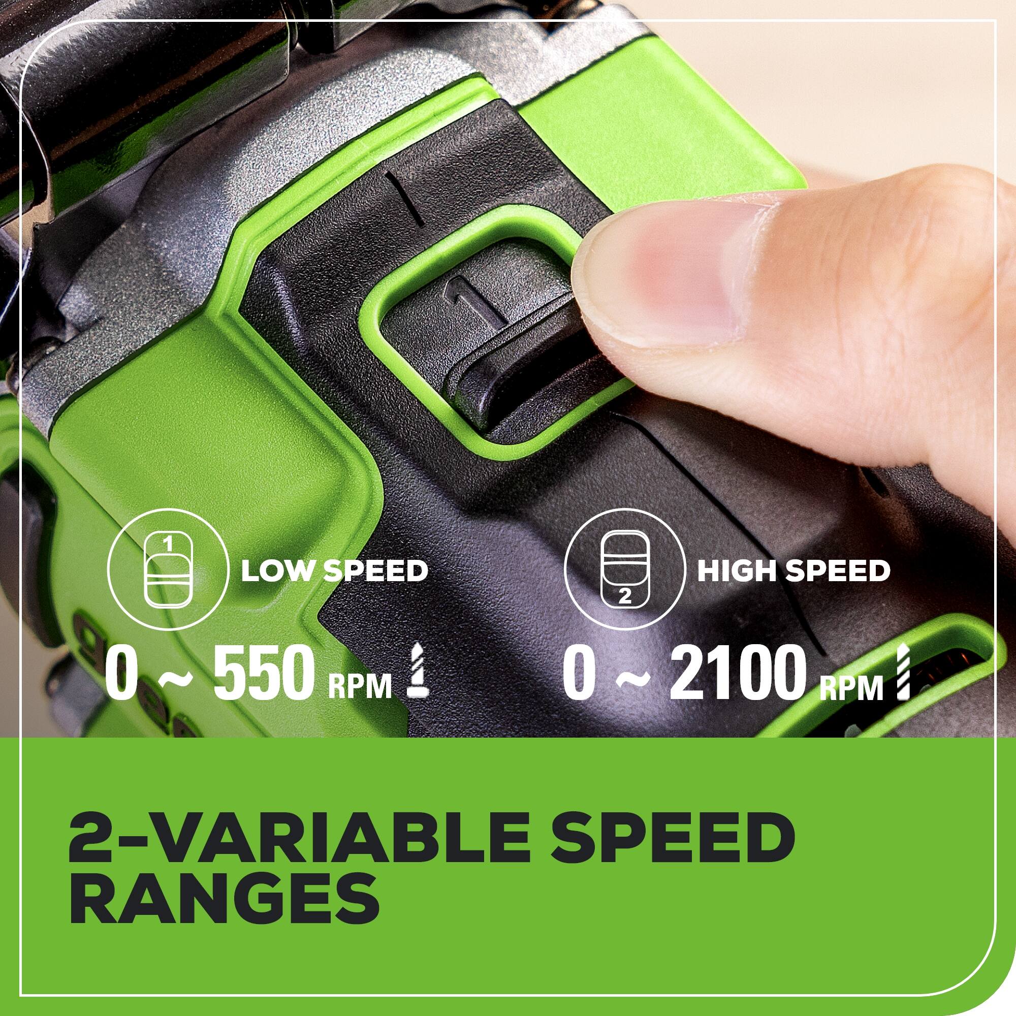 1 LOW SPEED  
0 ~ 550 RPM  
2 HIGH SPEED  
0 ~ 2100 RPM  
2-VARIABLE SPEED RANGES