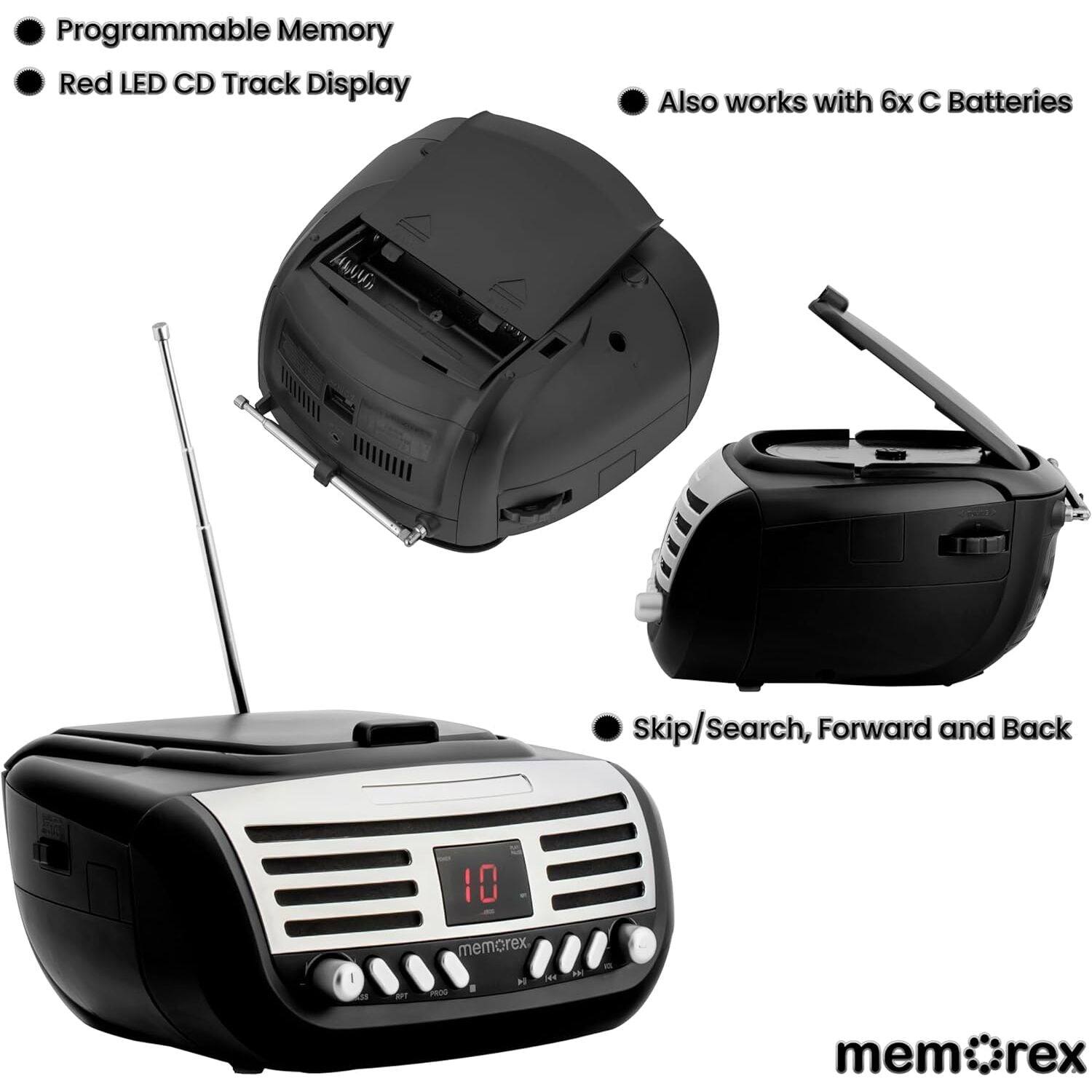 Programmable Memory  
Red LED CD Track Display  
Also works with 6x C Batteries  
Skip/Search, Forward and Back  

memorex