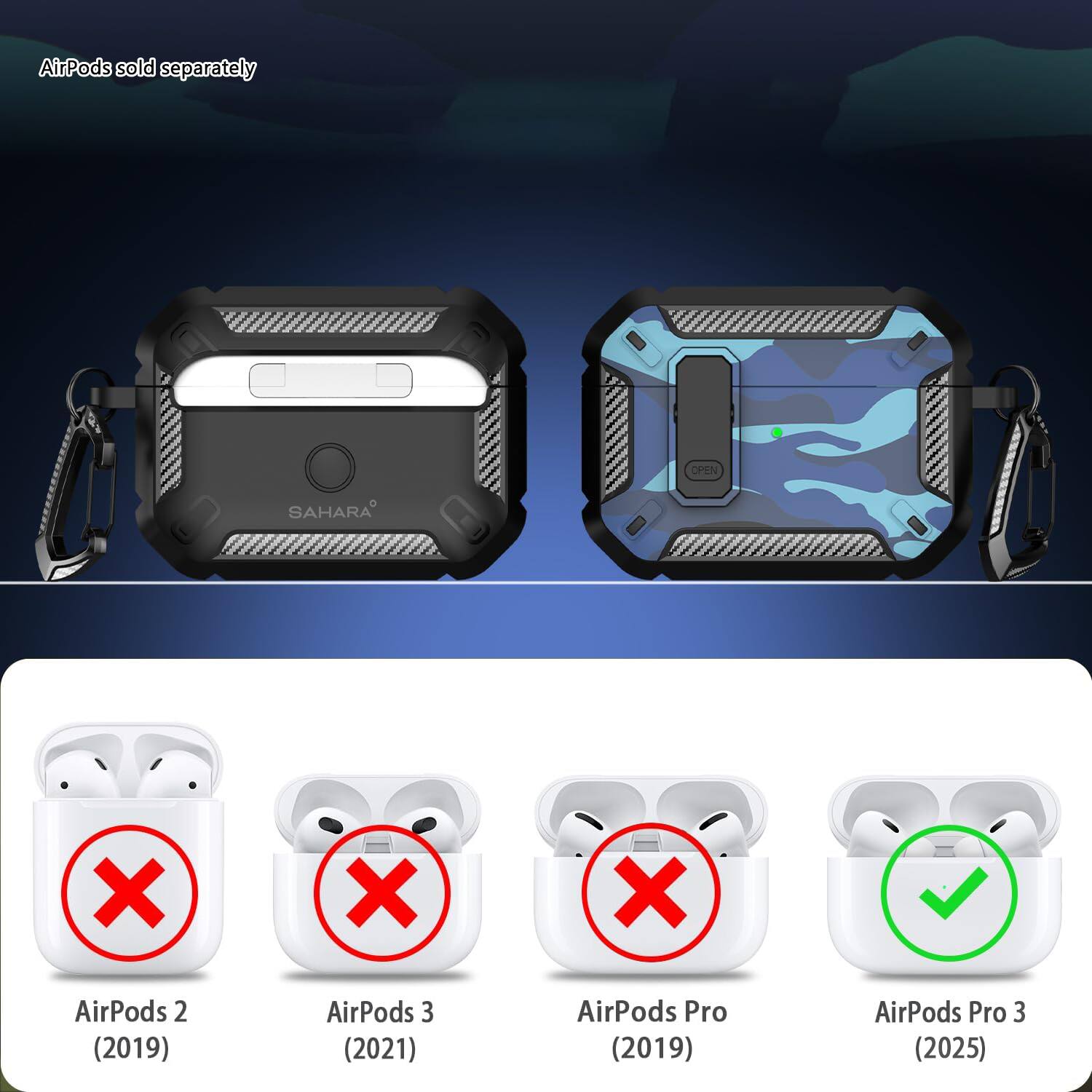 AirPods sold separately

AirPods 2 (2019)  
AirPods 3 (2021)  
AirPods Pro (2019)  
AirPods Pro 3 (2025)