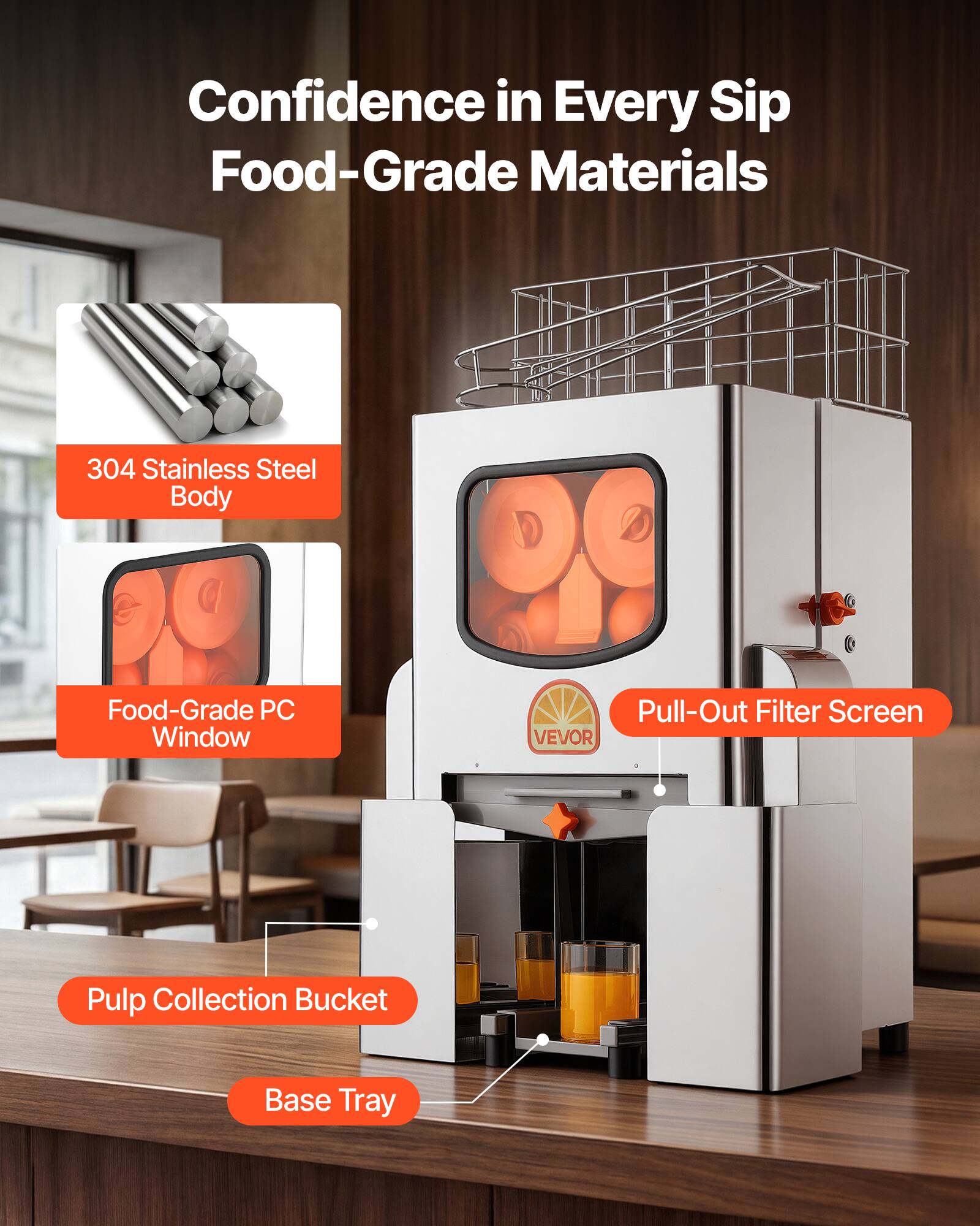 Confidence in Every Sip  
Food-Grade Materials  
304 Stainless Steel Body  
Food-Grade PC Window  
Pull-Out Filter Screen  
Pulp Collection Bucket  
Base Tray
