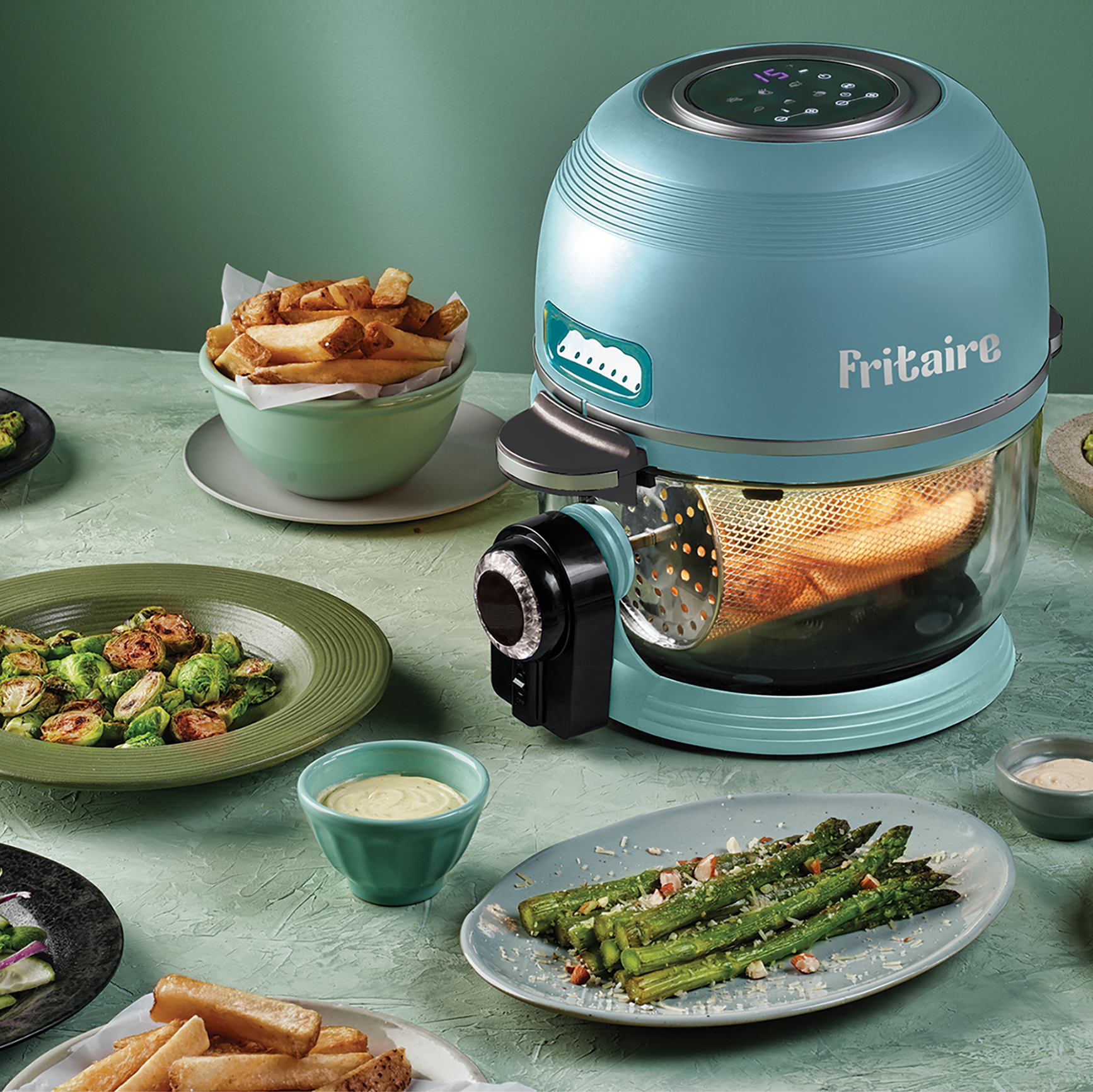 Left. Fritaire - Non-Toxic Air Fryer - Glass Air Fryer, 5qt, Teflon-Free, PFOA- Free, w/ Accessories - Rotisserie and Tumbling Basket - Sage Green.