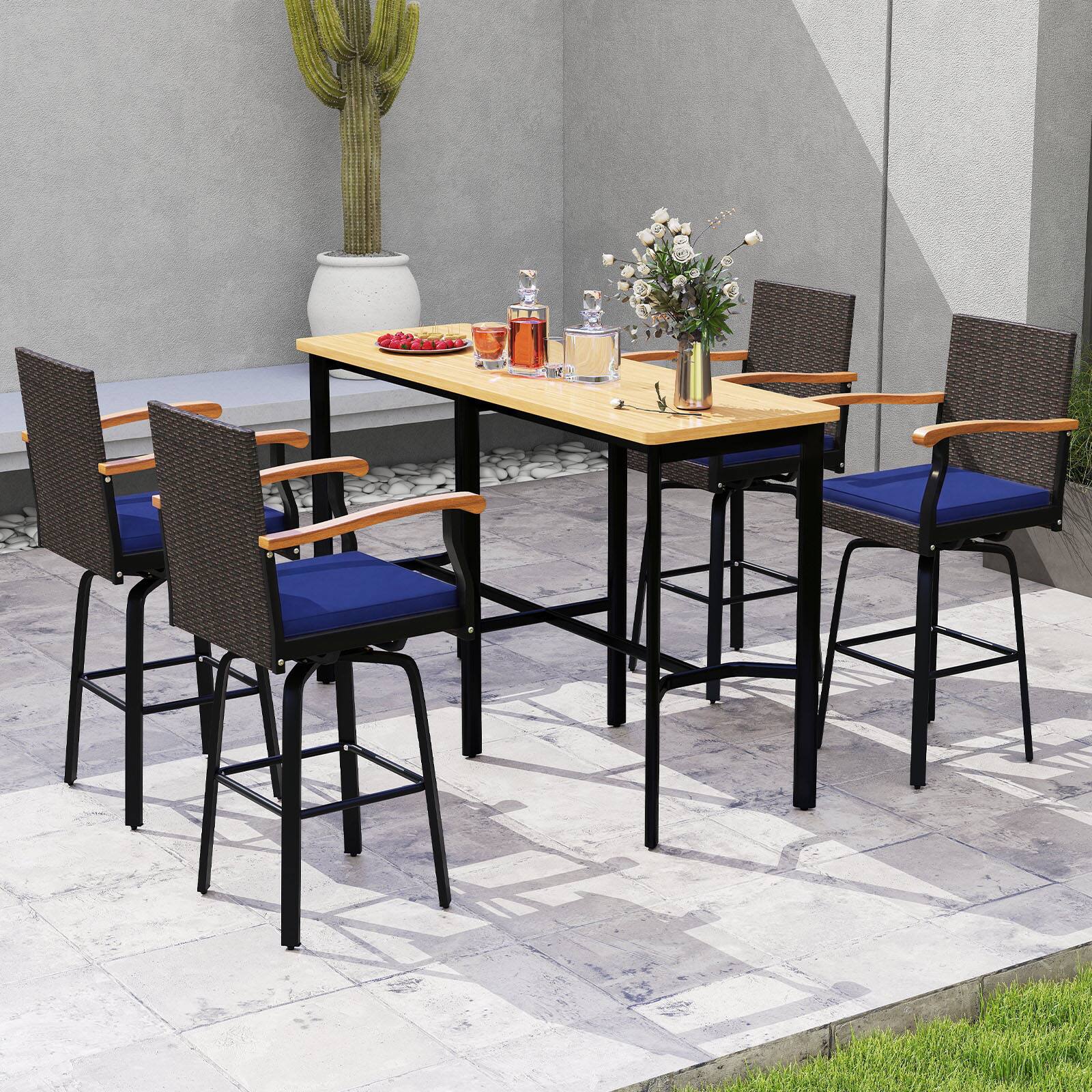 Alt View 1. Gymax - Gymax 4PCS 29'' Outdoor 360-Degree Swivel Bar Stool w/Cushion Acacia Wood Armrests Footrest Mix Brown & Navy - Blue.