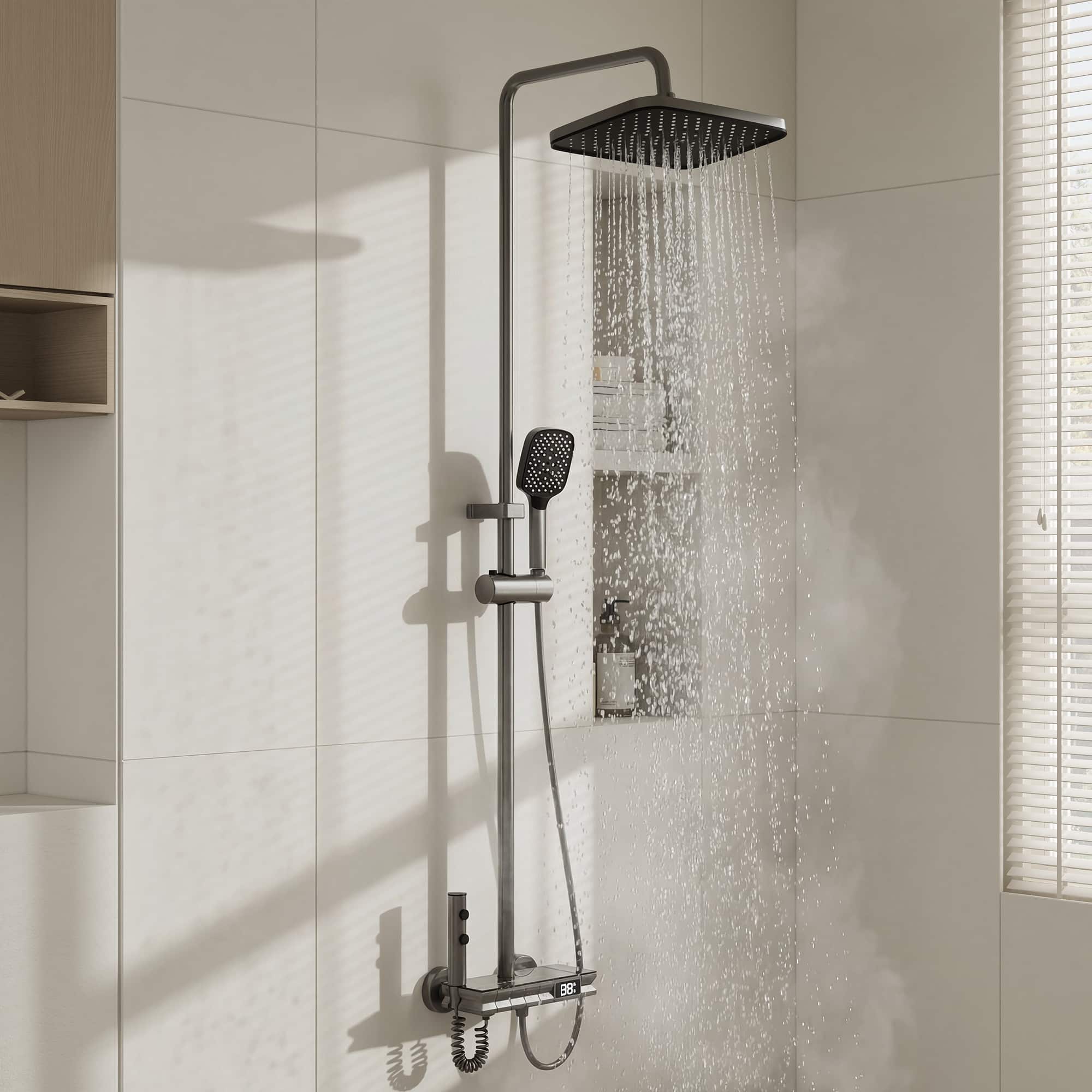 Front. Famapy - LED Thermostatic Shower System with 3-Mode Handheld Spray, 4-Function Piano Button Rainfall Shower Combo - Gunmetal Gray.