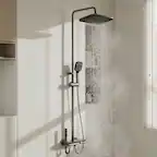 Front. Famapy - LED Thermostatic Shower System with 3-Mode Handheld Spray, 4-Function Piano Button Rainfall Shower Combo - Gunmetal Gray.
