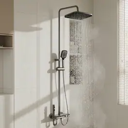 Famapy - LED Thermostatic Shower System with 3-Mode Handheld Spray, 4-Function Piano Button Rainfall Shower Combo - Gunmetal Gray