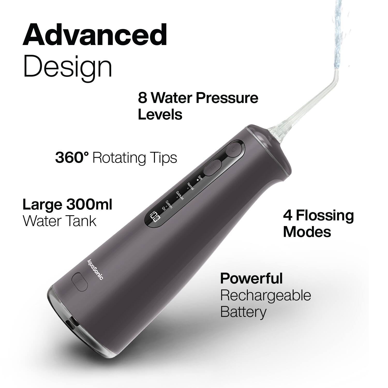 Advanced Design  
8 Water Pressure Levels  
360° Rotating Tips  
Large 300ml Water Tank  
4 Flossing Modes  
Powerful Rechargeable Battery