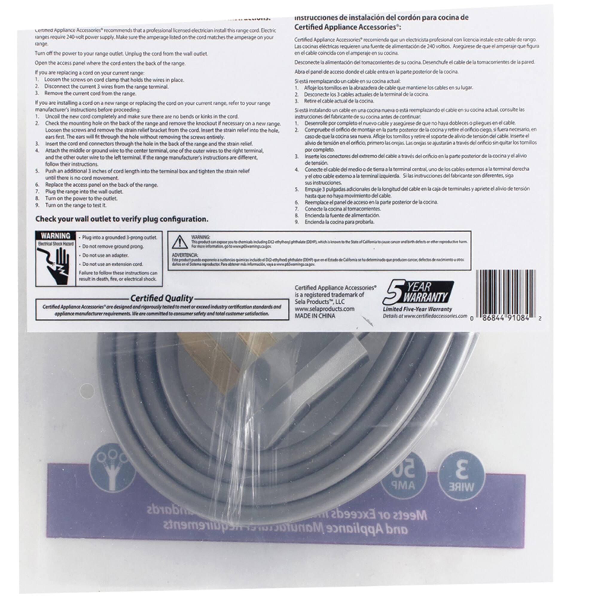 Appliance Accessories" professional licensed range ranges require power supply matches range power range cutlet Unplug Open access panel where enters range replacing clamp range Loosen screws clamp holds wires place Disconnect current wires range Remove current range installing range replacing current range manufacturer instructions before proceeding Unclo completely bends kinko Check mounting range remove knockout necessary Loosen screws strain relief bracket Insert strain relief removing screws entirely Push through range Attach middle ground center terminal right range follow additional inches length terminal tighten strain there Replace access panel range Plug range halle power Pallue range Check your wall outlet verify plug configuration. 

Certified Appliance Accessories*: Dectric Certified Appliance Accessories licence nitale cale rango cocinas requieren Asegurese fgura coincida Desconecte cocna som

Certified Appliance Accessories" recommends that a professional licensed electrician install this range cord. Electric ranges require a 3-wire cord with a ground. Make sure the amperage listed on the cord matches the amperage on your range. Turn off the power to your range. Unplug the range cord from the outlet. Open the access panel where the cord enters the back of the range. If you are replacing the cord on your current range, consult your range manufacturer's instructions before proceeding.