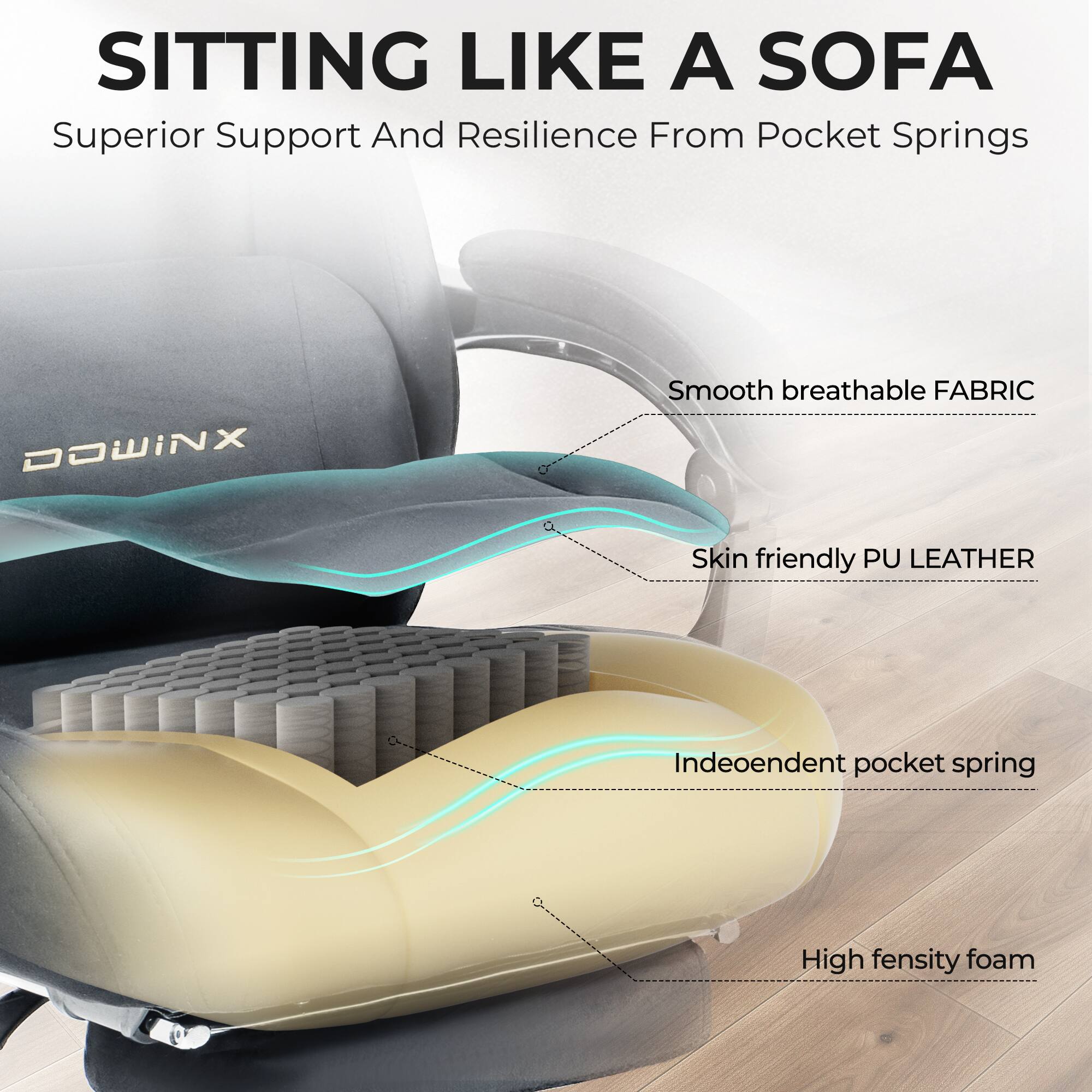 SITTING LIKE A SOFA  
Superior Support And Resilience From Pocket Springs  

- Smooth breathable FABRIC  
- Skin friendly PU LEATHER  
- Independent pocket spring  
- High density foam