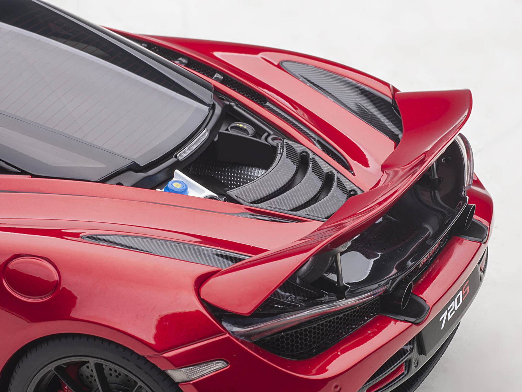 Alt View 4. Autoart - McLaren 720S Memphis Red Metallic with Black Top and Carbon Accents 1/18 Model Car by Autoart.