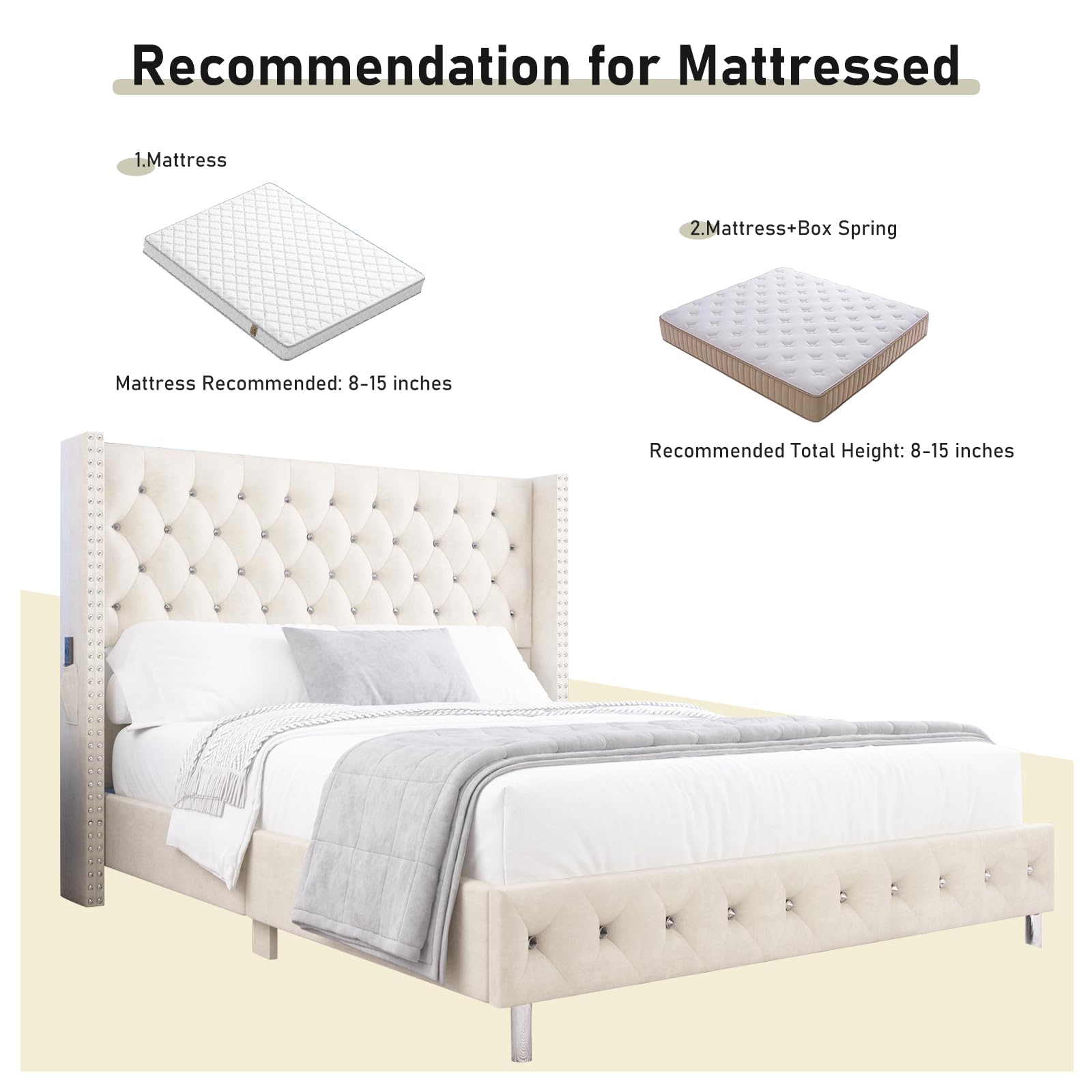 Recommendation for Mattressed

1. Mattress
   - Mattress Recommended: 8-15 inches

2. Mattress+Box Spring
   - Recommended Total Height: 8-15 inches