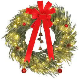 PULUZ - 36 Inch Christmas Wreath for Front Door with LED Lights, Prelit Christmas Wreath with 8 Modes and Ornaments - Green