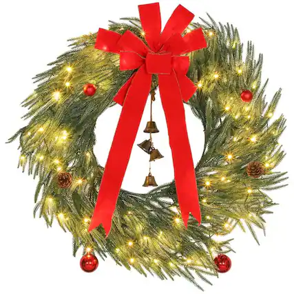 Front. PULUZ - 36 Inch Christmas Wreath for Front Door with LED Lights, Prelit Christmas Wreath with 8 Modes and Ornaments - Green.