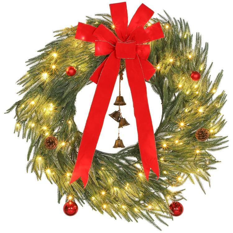 PULUZ - 36 Inch Christmas Wreath for Front Door with LED Lights, Prelit Christmas Wreath with 8 Modes and Ornaments - Green
