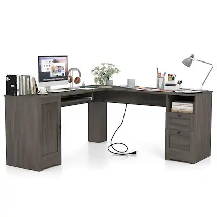 Front. Costway - Costway L-Shaped Corner Computer Desk Writing Table Study Workstation w/ Drawers - Dark Coffee.