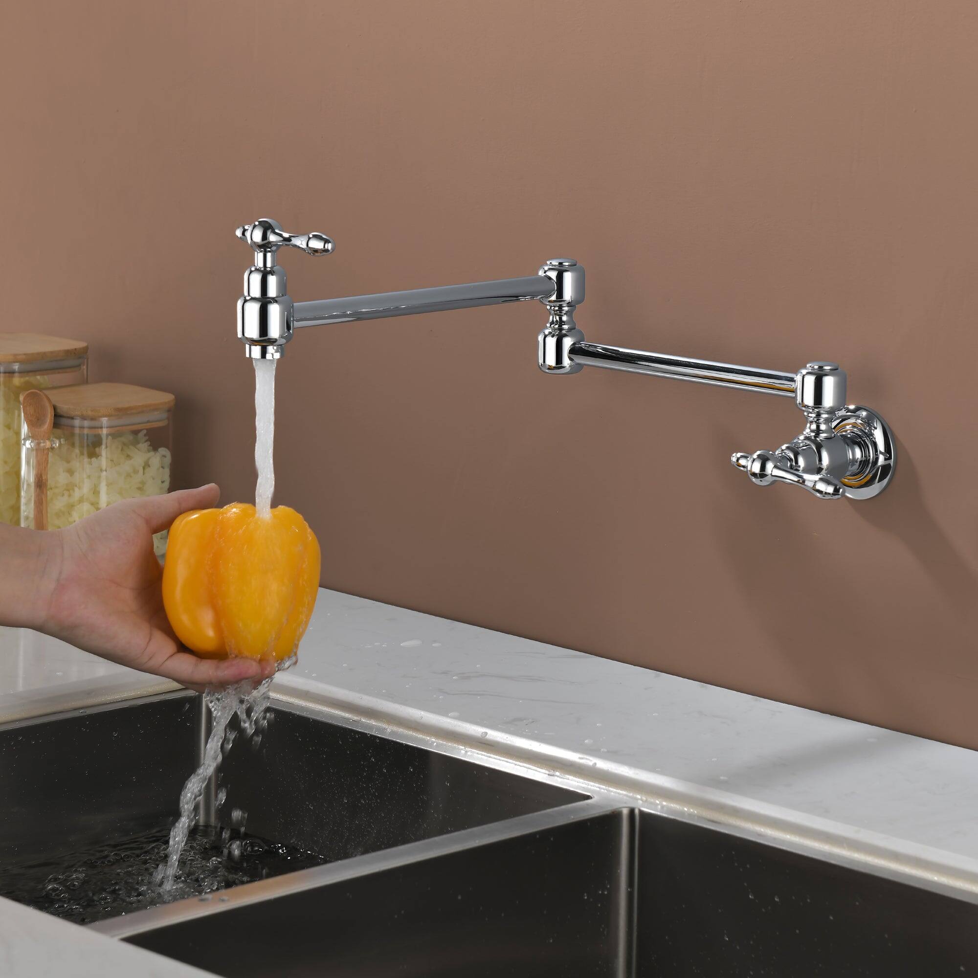 Alt View 8. Boyel Living - Chrome Plated Wall Mounted Double Handle Pot Filler 1.8 GPM with Ceramic Cartridge and Mounting Hardware - Chrome.