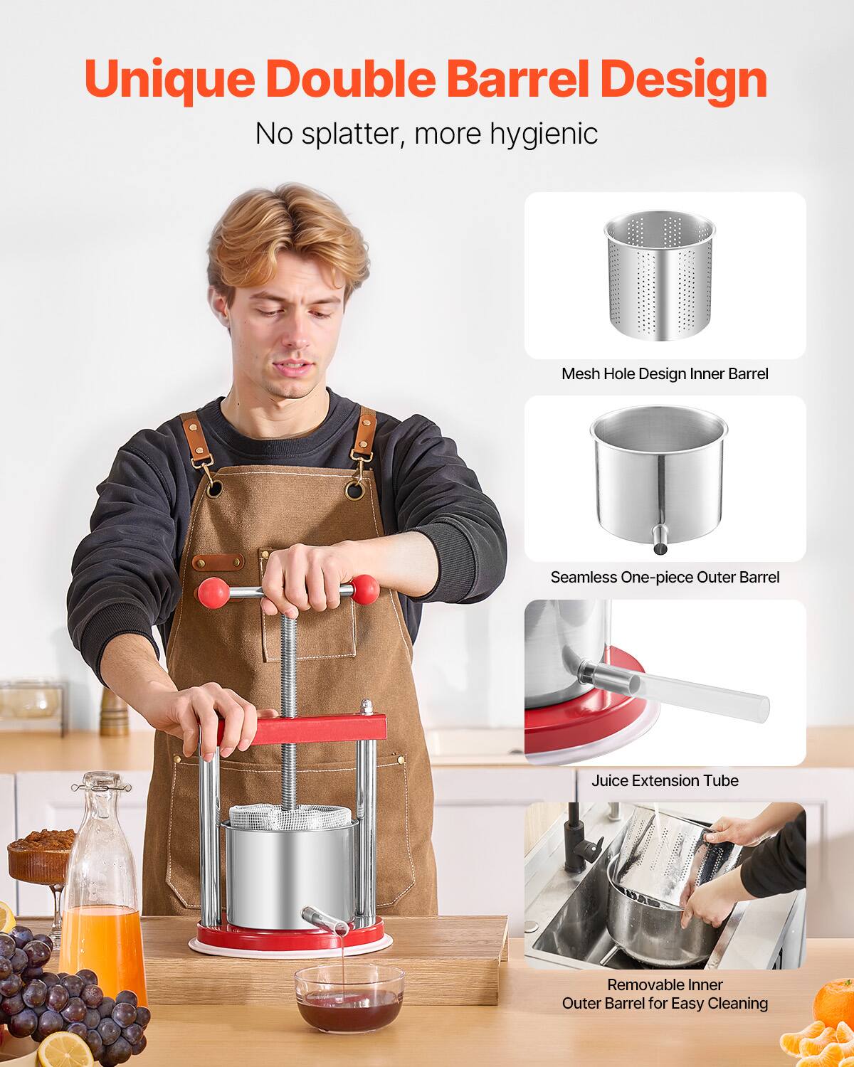 Unique Double Barrel Design  
No splatter, more hygienic  

Mesh Hole Design Inner Barrel  
Seamless One-piece Outer Barrel  
Juice Extension Tube  
Removable Inner Outer Barrel for Easy Cleaning