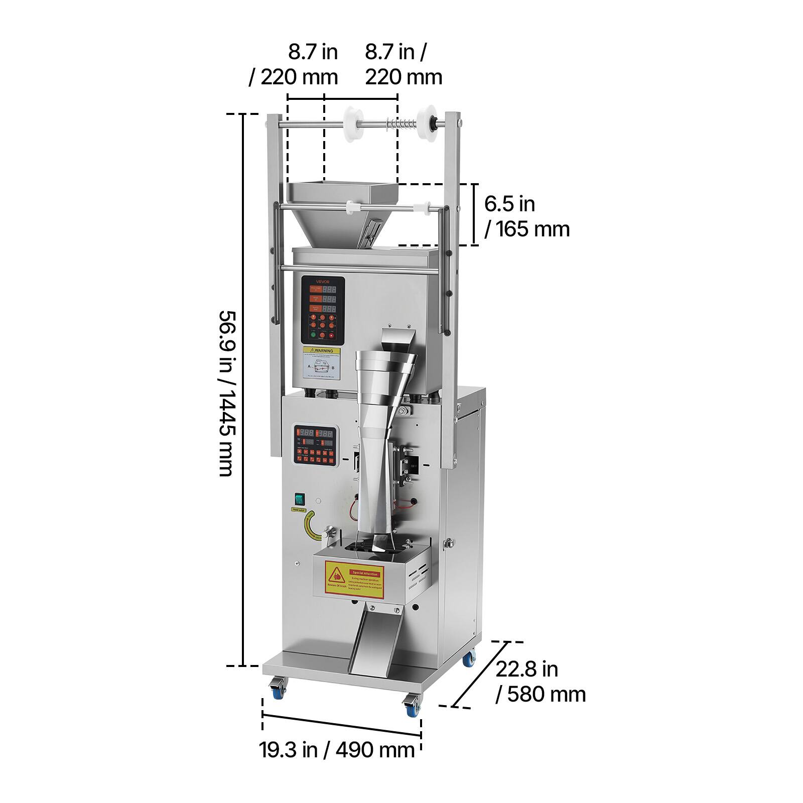 8.7 in / 220 mm  
8.7 in / 220 mm  
6.5 in / 165 mm  
56.9 in / 1445 mm  
22.8 in / 580 mm  
19.3 in / 490 mm