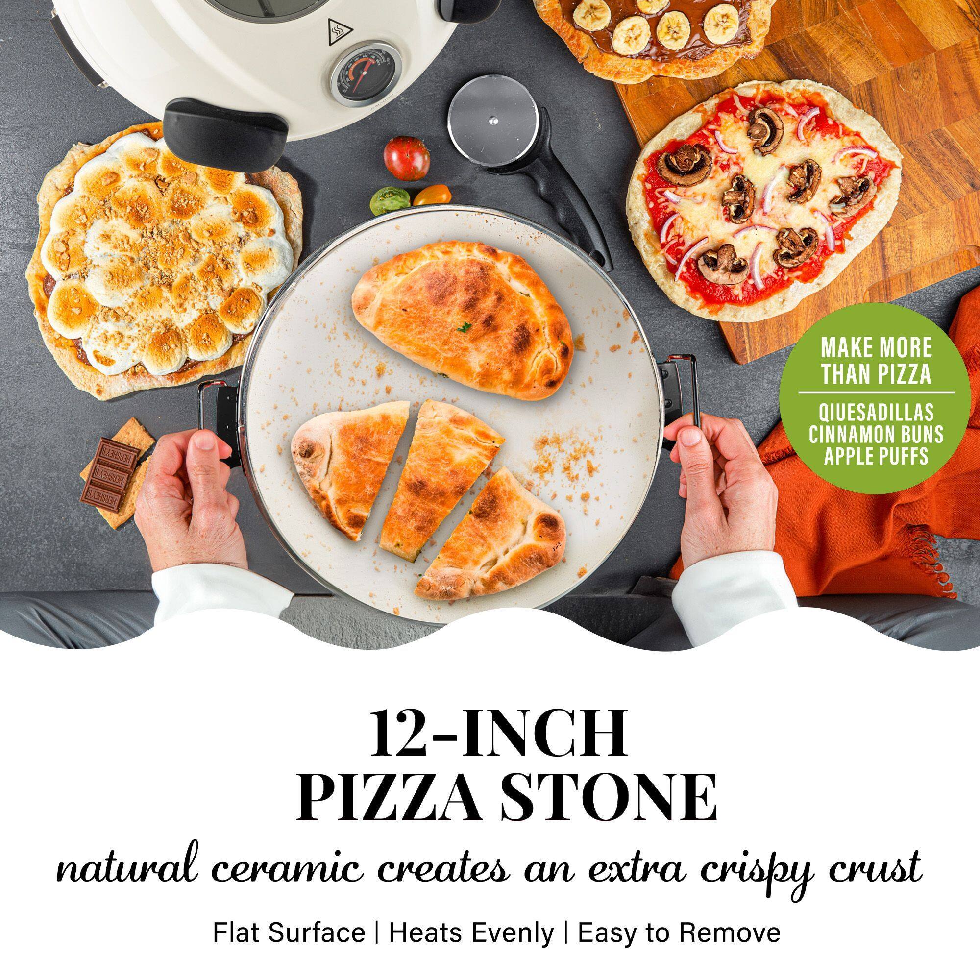 12-INCH PIZZA STONE, natural ceramic creates an extra crispy crust, Flat Surface | Heats Evenly | Easy to Remove, MAKE MORE THAN PIZZA, QIUESADILLAS, CINNAMON BUNS, APPLE PUFFS