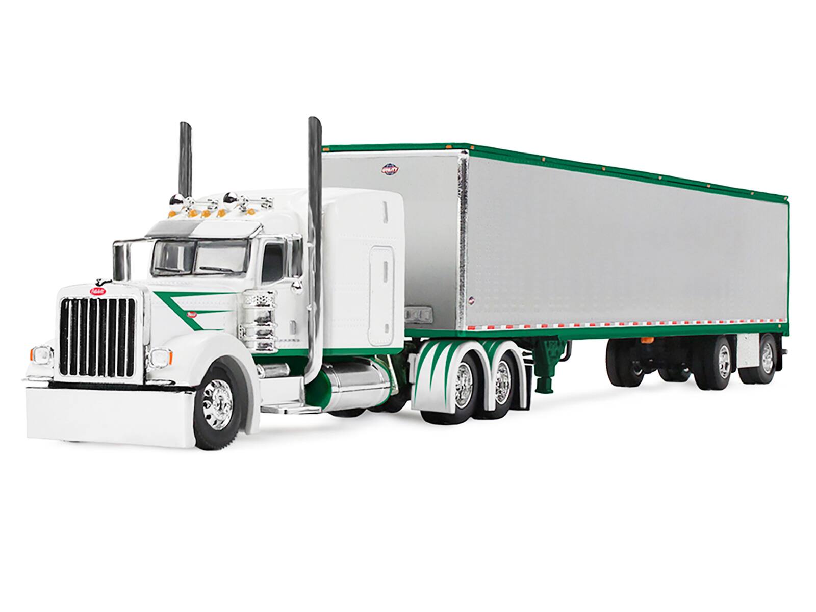 Alt View 1. First Gear - Peterbilt 389 with 63" Mid-Roof Sleeper and 53' Utility Trailer White with Green Stripes 1/64 Model by DCP/First Gear.