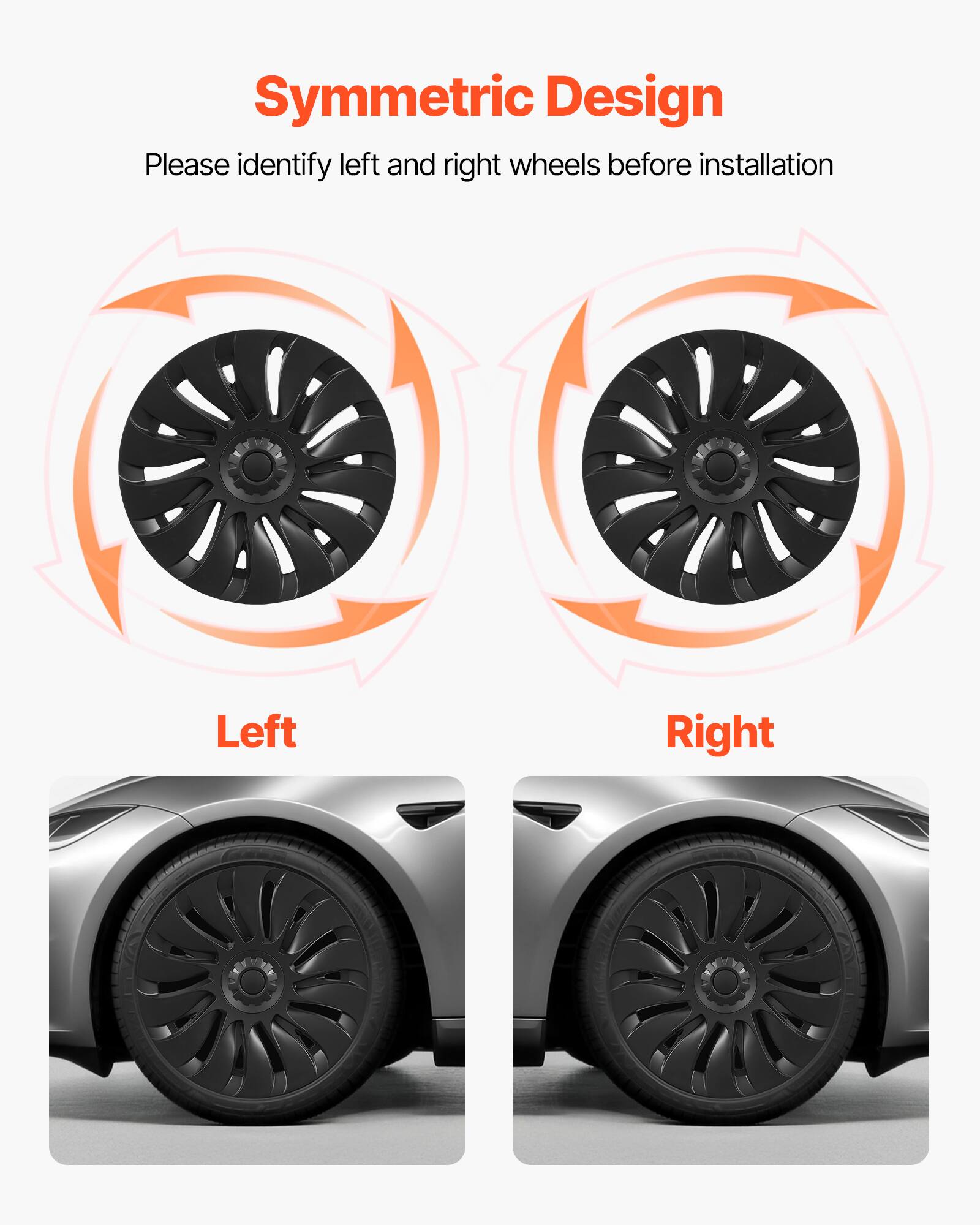 Symmetric Design  
Please identify left and right wheels before installation  

Left  
Right