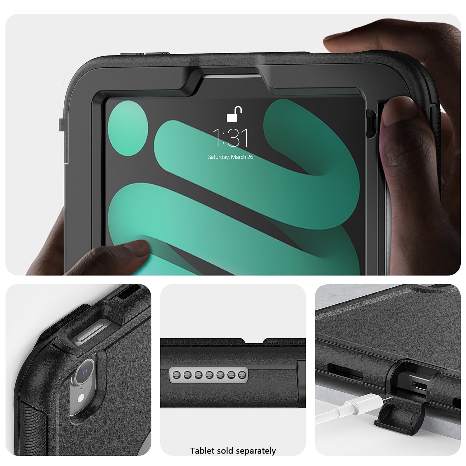 The image features a tablet with a green background, and the time displayed is 1:31. The tablet is being held by a person, and the image also shows the back of the tablet. The text "Tablet sold separately" is present in the image, indicating that the tablet is not included with the case or other accessories.