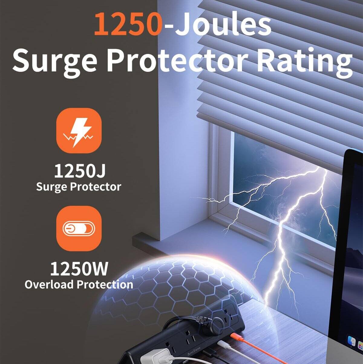 1250-Joules Surge Protector Rating  
1250J Surge Protector  
1250W Overload Protection