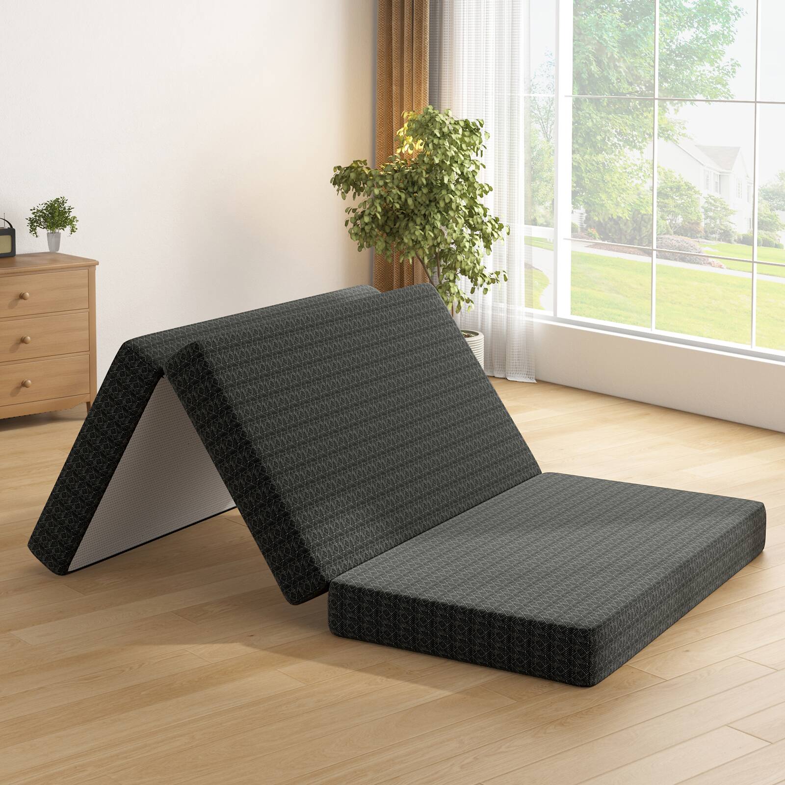 Front. Chateau Abodes - 6" Queen Size Folding Mattress, Tri-Fold Memory Foam Topper, CertiPUR-US Certified - Black.