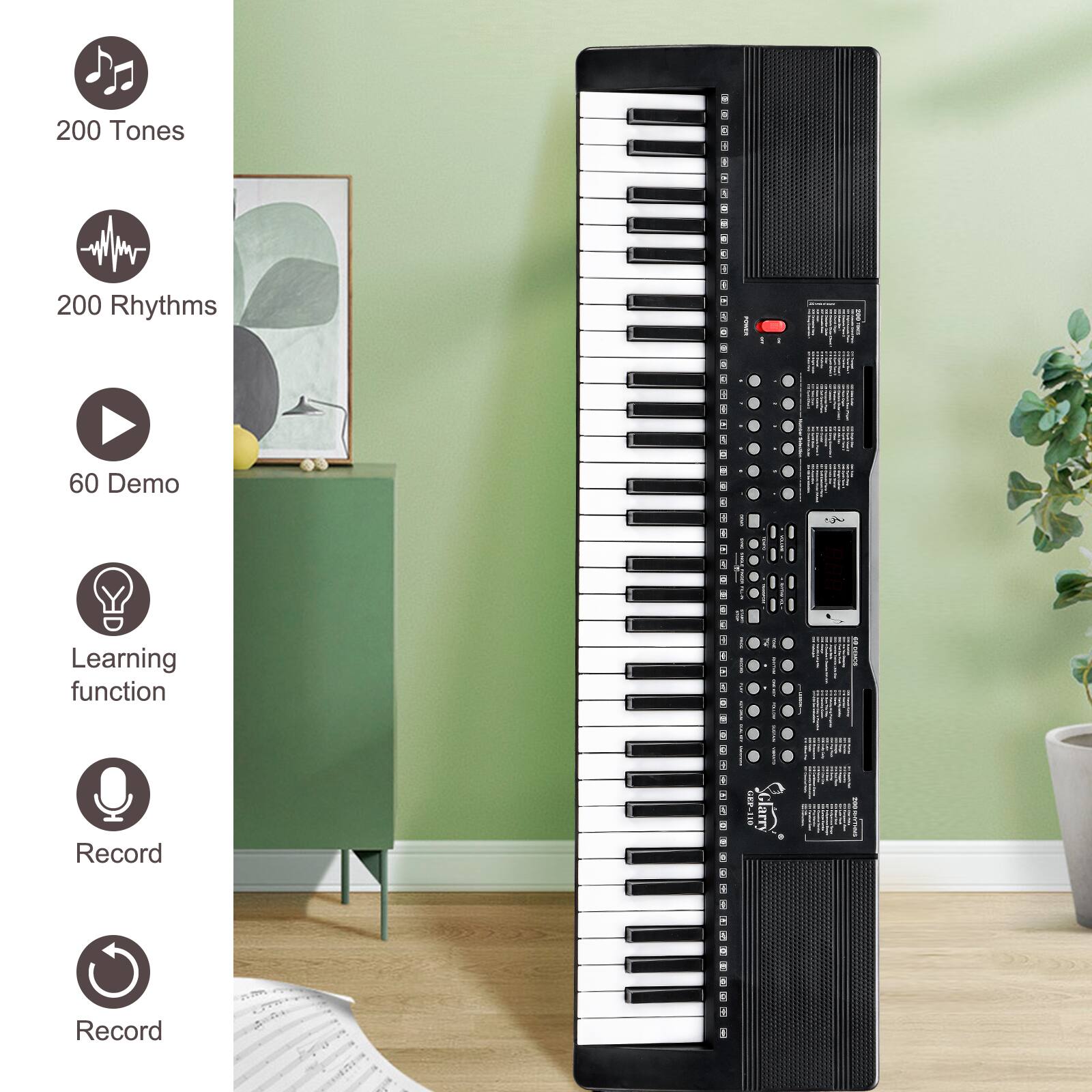 200 Tones  
5  
200 Rhythms  

CAN  
60 Demo  
3  
:  
Learning function  
@ 8  
Record  
I CHI  
Glarry  
e  
Record  
... LO O CB) 0 @ f I