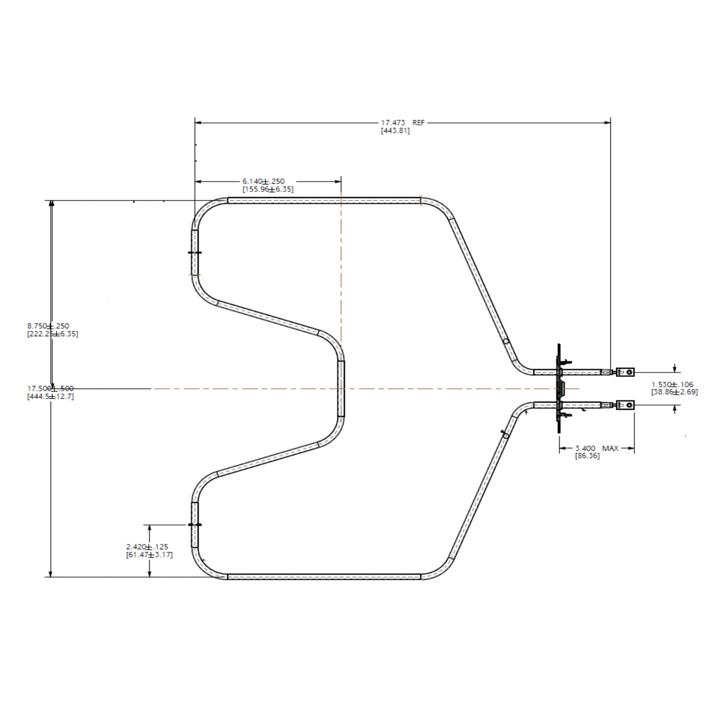 17.473 REF (443.81]
6.140 250 [155.966.35]
8.7504-250 [22226-6.55]
17.5004-600 [444.512.7]
1.530.1 106 [38.852.69]
3,400 MAX [86.56]
2.4201.125 [61.473.17] [61