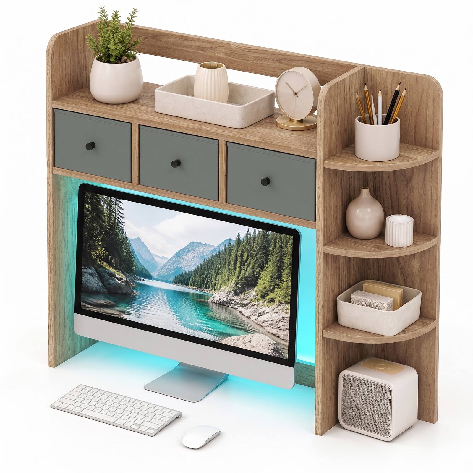 Alt View 9. Costway - Costway Desktop Bookshelf, Countertop Hutch Organizer with LED Lights, 5-Tier Shelves - Brown.