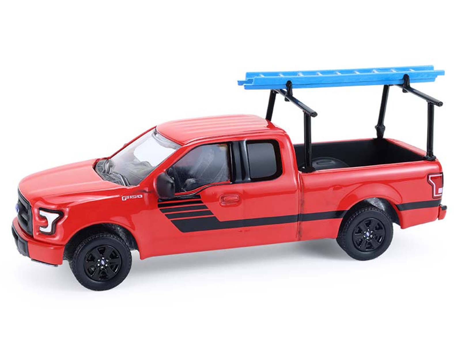 Alt View 1. Greenlight - 2015 Ford F-150 Pickup Truck with Ladder Rack Red with Black Stripes "Down on the Farm" Series 1/64 Model by Greenlight.