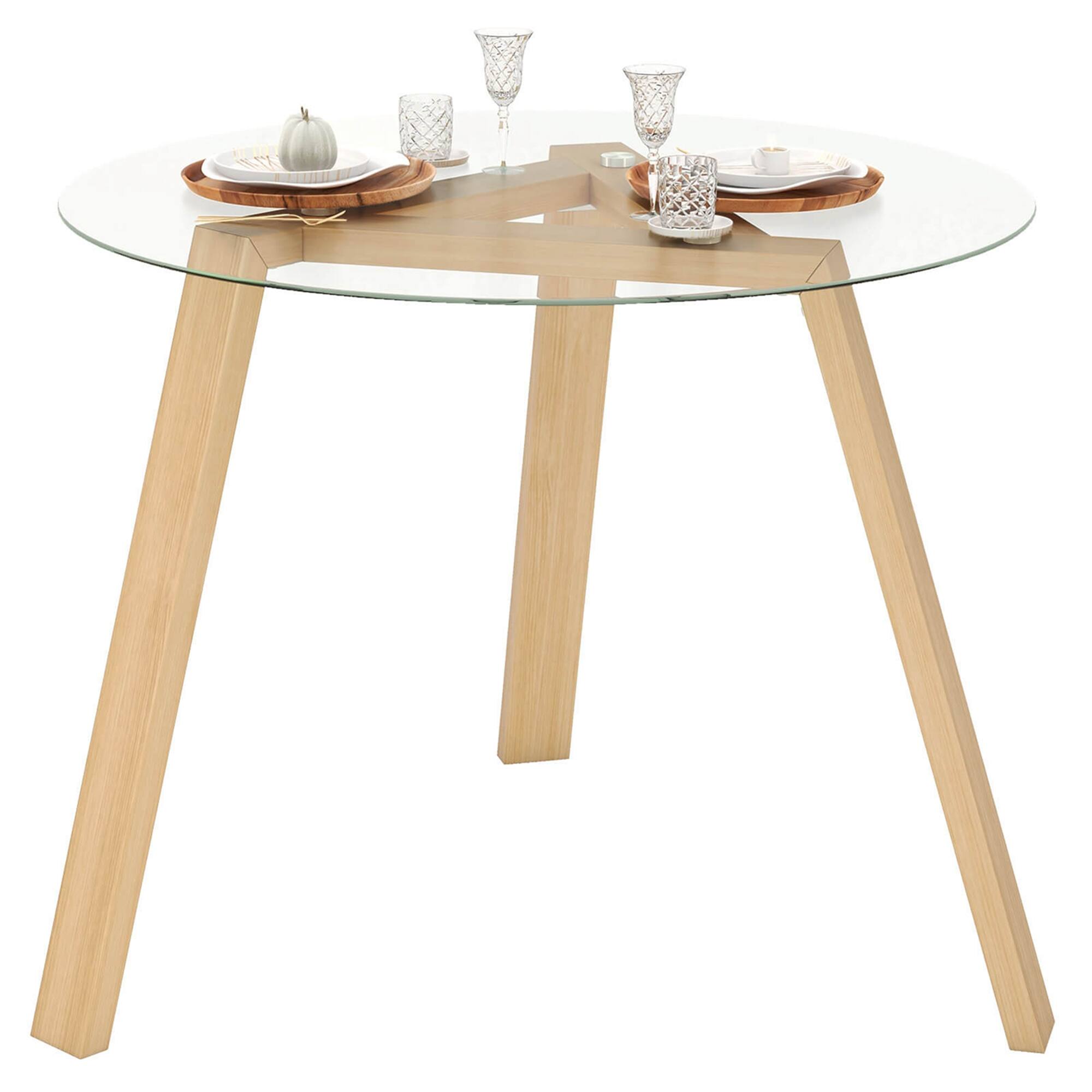 Alt View 6. Costway - 36" Round Glass Dining Table for 4 with Tempered Glass Tabletop Rubber Wood Frame - Natural.