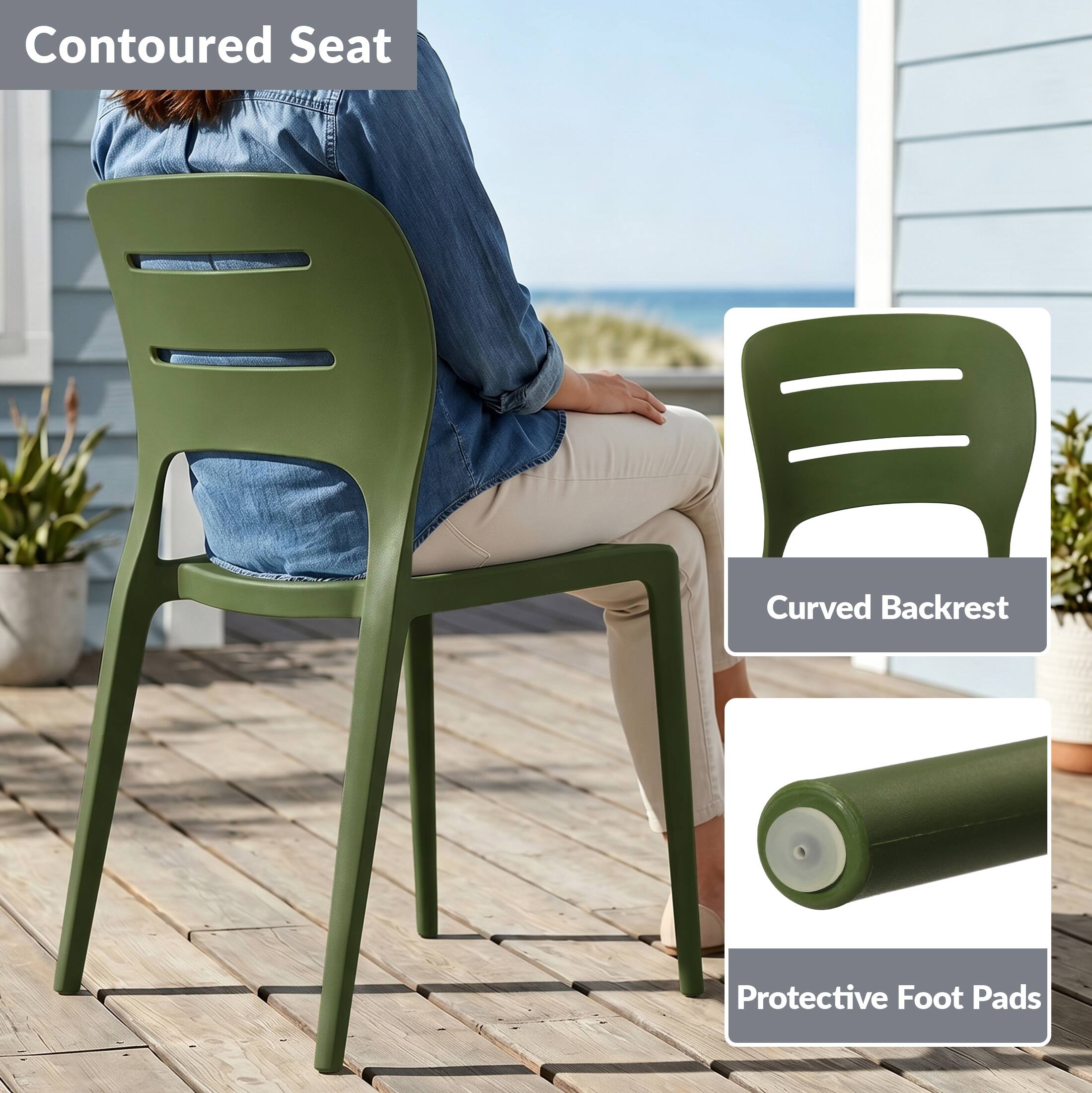 Contoured Seat  
Curved Backrest  
Protective Foot Pads