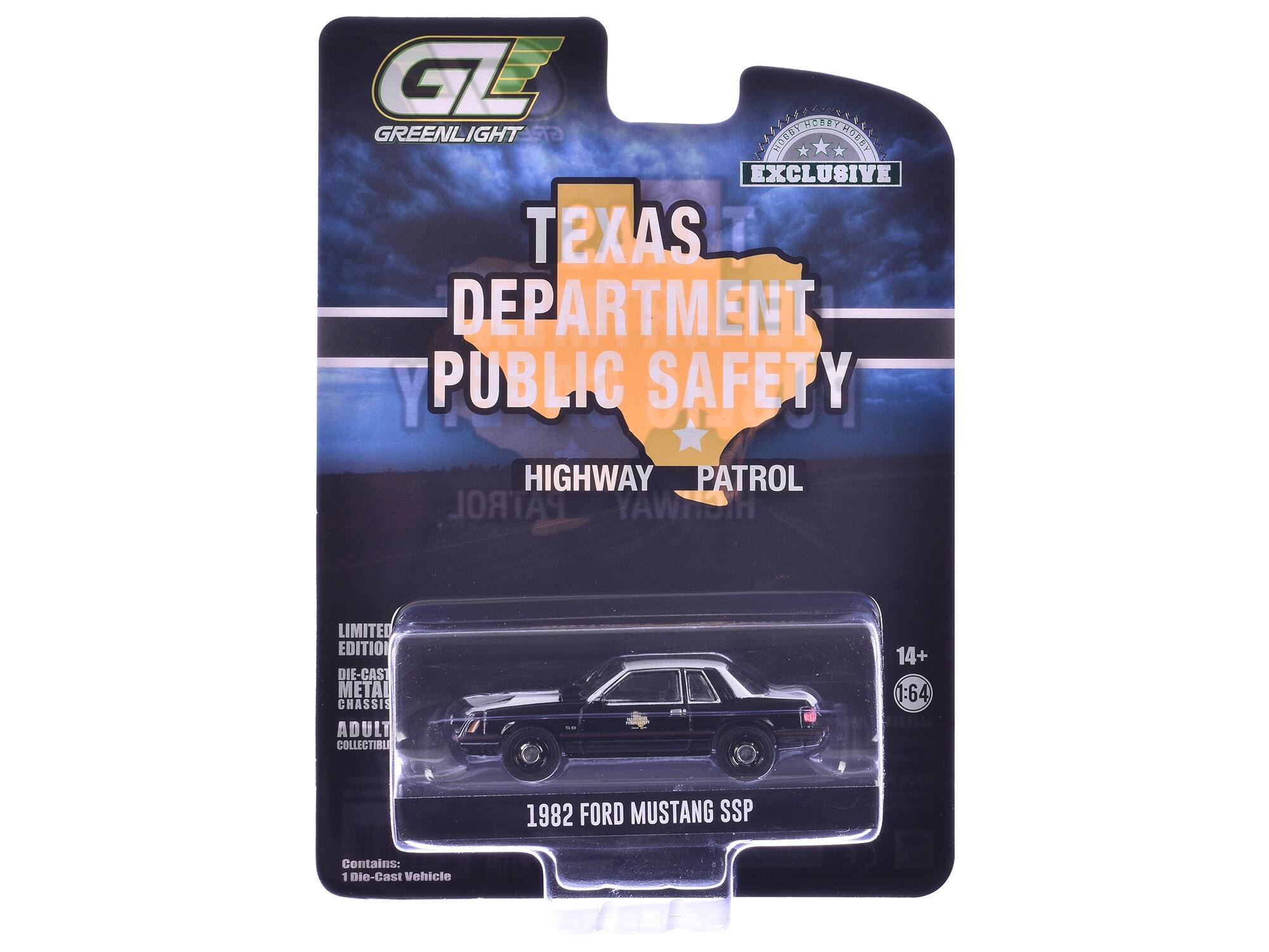 GE ROBBY GREENLIGHT 9nou NELEYRGIST HOEKY  
EXCLUSIVE TEXAS DEPARTMENT OF PUBLIC SAFETY HIGHWAY PATROL PATROL YAWNDIH LIMITED EDITION DIE-CAST METAL CHASSIS ADULT COLLECTIBLE  
14+ 1:64  
1982 FORD MUSTANG SSP  
Contains: 1 Die-Cast Vehicle