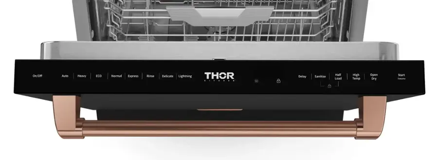 The text on the image reads: On/Off Auto Heavy ECO Normal Express Rinse Delicate Lightning THOR Delay Sanitize Half Load High Temp Open Dry Start Resume.