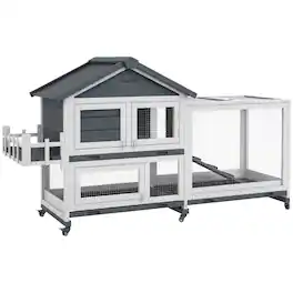Pawhut - 65" Gray Wooden Rabbit Hutch & Guinea Pig Hutch, Pet Playpen with Openable Roof, Bunny House Enclosure on Wheels
