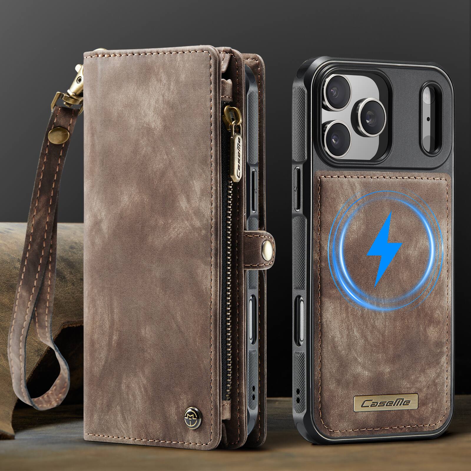 Alt View 7. UUCOVER - Detachable Magnetic Zipper Wallet Case for Apple iPhone 17 Pro with RFID Card Slots & Wrist Strap, Flip Kickstand Cover - Darkbrown.