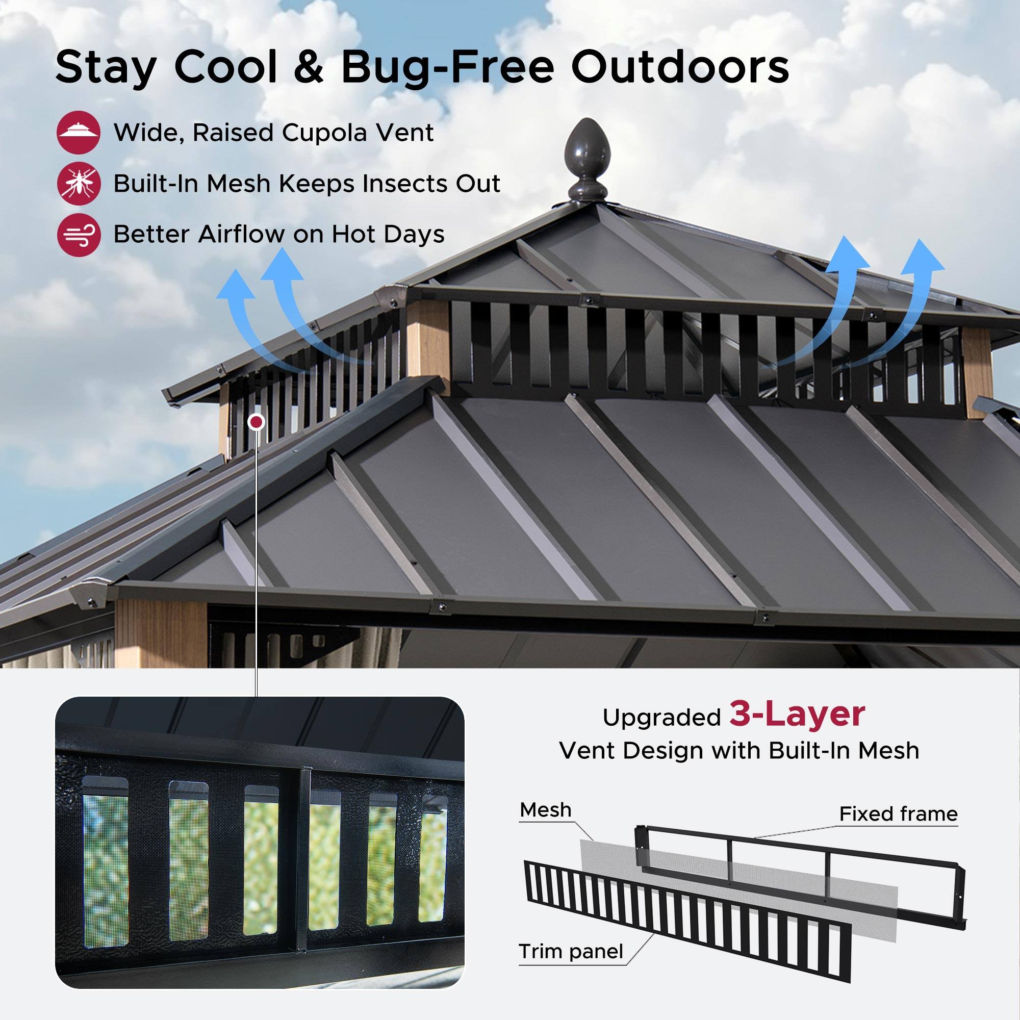Stay Cool & Bug-Free Outdoors

- Wide, Raised Cupola Vent
- Built-In Mesh Keeps Insects Out
- Better Airflow on Hot Days

Upgraded 3-Layer Vent Design with Built-In Mesh

- Mesh
- Fixed frame
- Trim panel