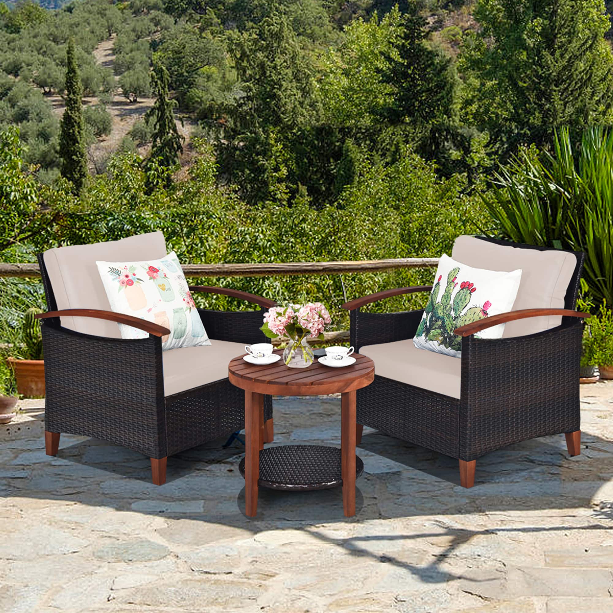 Gymax - 3PCS Patio Wicker Rattan Conversation Set Outdoor Furniture Set w/ Cushion - Beige price history on PriceWatchPro