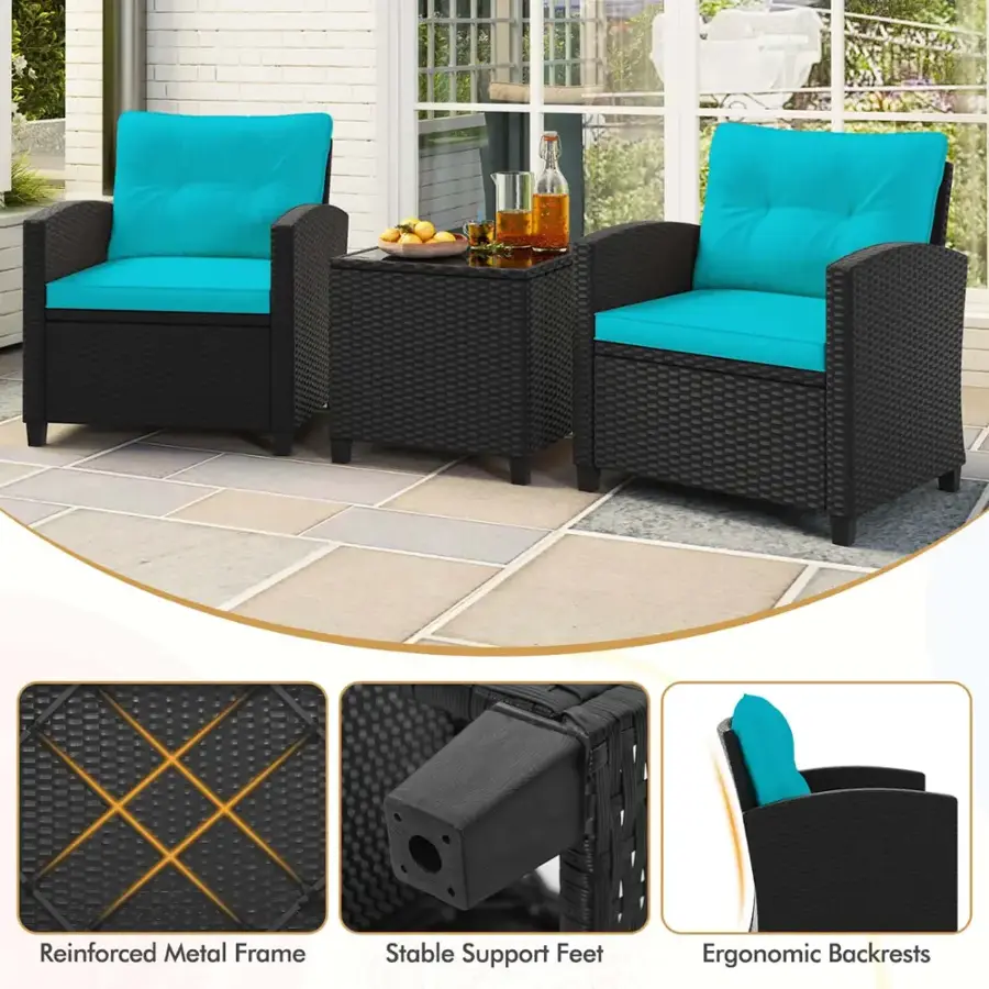The text on the image reads: "Reinforced Metal Frame Stable Support Feet Ergonomic Backrests."