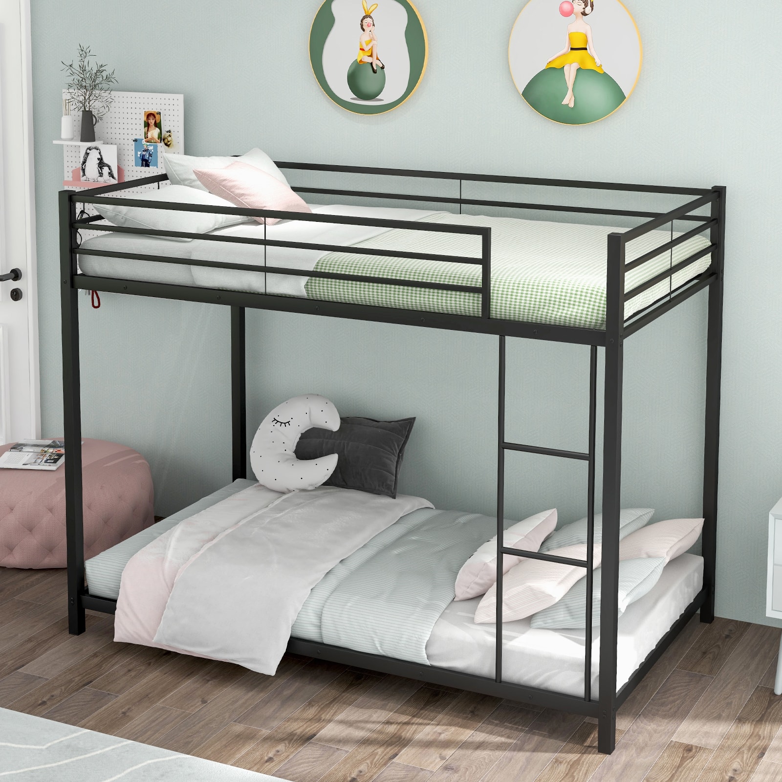 Costway - Space-Saving Twin over Twin Bunk Bed with Built-in Ladder Safety Guardrail - Black