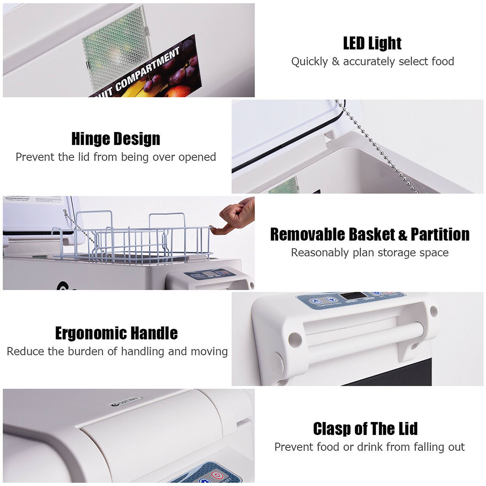 The image shows a microwave with several compartments and features. The compartments include a hinge design, a removable basket and partition, and a clasp of the lid. The microwave also has an ergonomic handle and LED light, which allows for quick and accurate food selection. The microwave is designed to prevent the lid from being over-opened and to reduce the burden of handling and moving.
