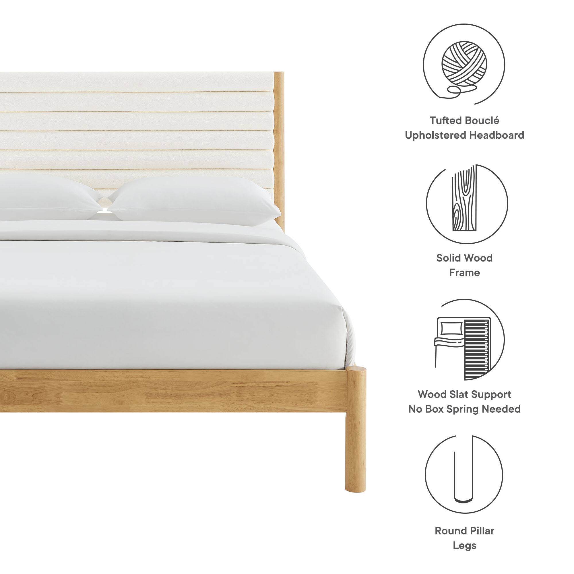- Tufted Bouclé Upholstered Headboard
- Solid Wood Frame
- Wood Slat Support No Box Spring Needed
- Round Pillar Legs
