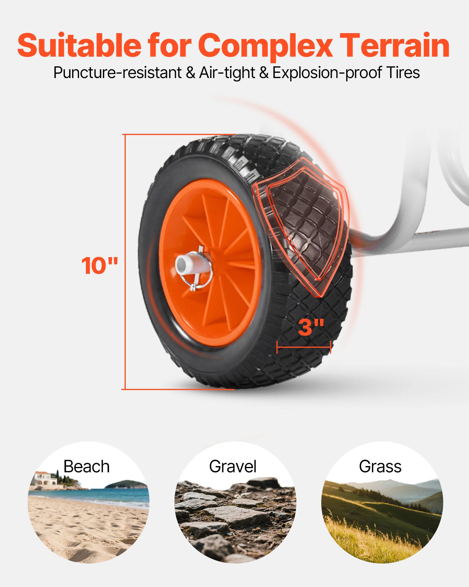 Suitable for Complex Terrain  
Puncture-resistant & Air-tight & Explosion-proof Tires  
10" 3"  
Beach Gravel Grass