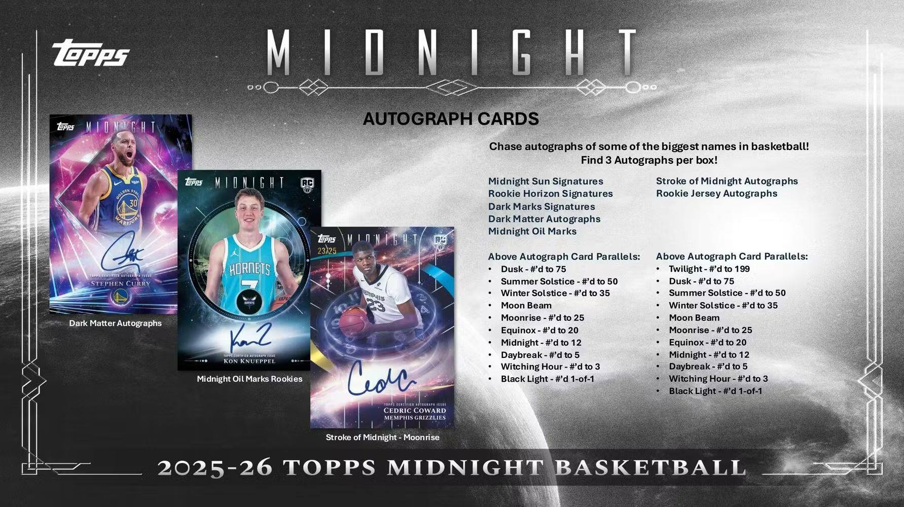 **2025-26 TOPPS MIDNIGHT BASKETBALL**

**MIDNIGHT AUTOGRAPH CARDS**

Chase autographs of some of the biggest names in basketball! Find 3 Autographs per box!

- Midnight Sun Signatures
- Stroke of Midnight Autographs
- Rookie Horizon Signatures
- Rookie Jersey Autographs
- Dark Marks Signatures
- Dark Matter Autographs
- Midnight Oil Marks

**Above Autograph Card Parallels:**
- HORNETS Dusk #'d to 75
- Twilight #'d to 199
- Summer Solstice #'d to 50
- Winter Solstice #'d to 35
- Moon Beam #'d to 25
- Moonrise #'d to 25
- Equinox #'d to 20
- Daybreak #'d to 5
- Midnight #'d to 12
- Witching Hour #'d to 3
- Black Light #'d 1-of-1

**Above Autograph Card Parallels:**
- Summer Solstice #'d to 50
- Winter Solstice #'d to 35
- Moon Beam #'d to 25