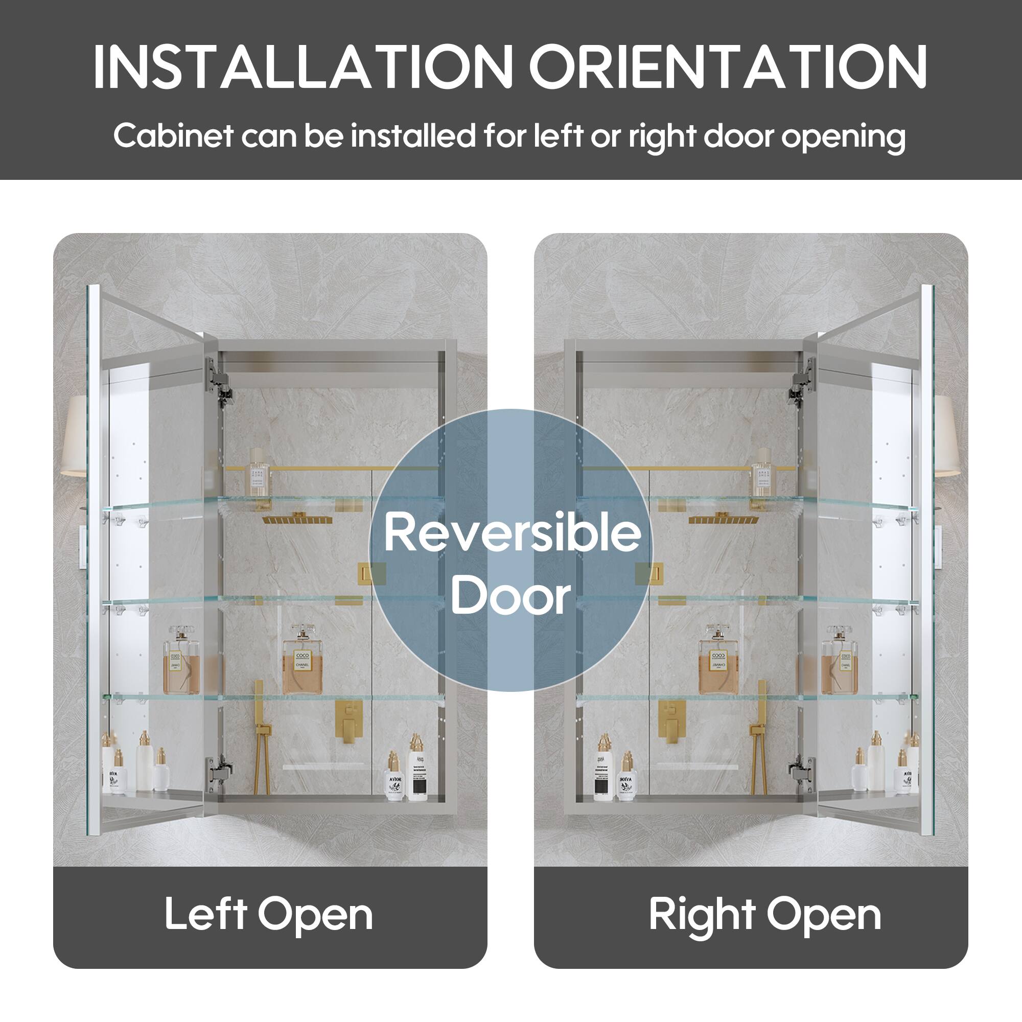 INSTALLATION ORIENTATION  
Cabinet can be installed for left or right door opening  

Reversible Door  
- Left Open  
- Right Open