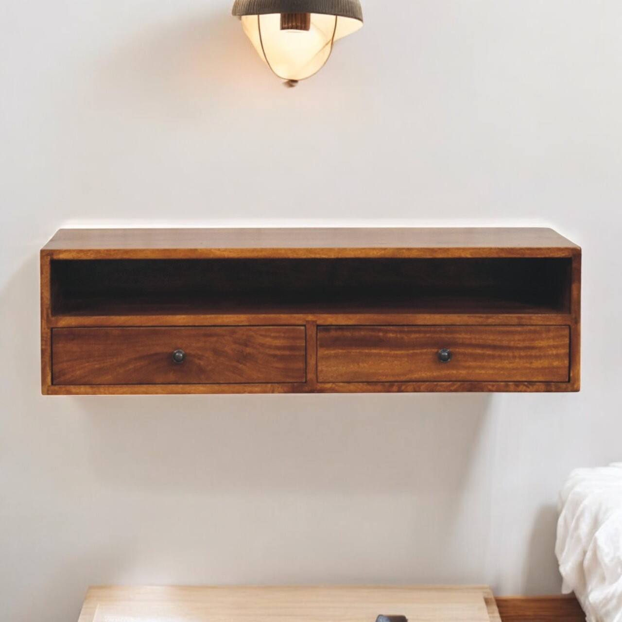 Alt View 6. Artisan Furniture - Artisan Furniture Solid Wood Lunar 2 Drawer Chestnut Wall Mounted Media Unit, 2 Drawers, 1 Shelf, Dark Brown - Brown.