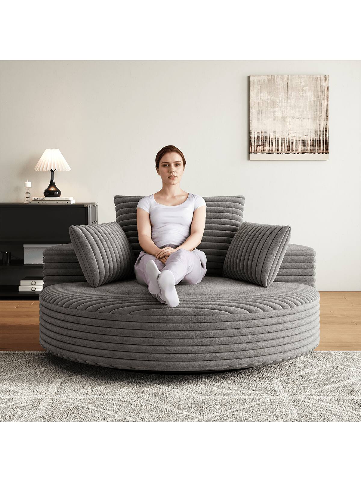 Angle. Trinkets Crazed - 55" L Oversized Swivel Chair, Upholstered Corduroy Comfy Accent Chaise Lounge Sofa Chair - Gray.