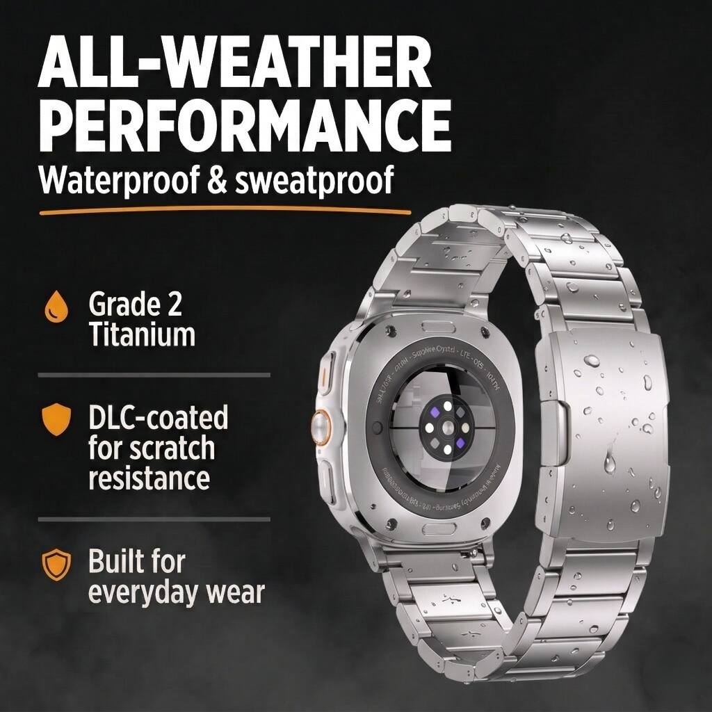 ALL-WEATHER PERFORMANCE  
Waterproof & sweatproof  

Grade 2 Titanium  
DLC-coated for scratch resistance  
Built for everyday wear