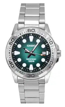 Casio - Standard Analog Stainless Steel Green Dial Quartz MTD-140D-3AV 100M Men's Watch - Silver and green